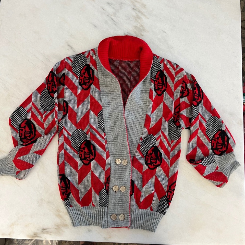 Vintage Geometric Face Print Button Up Cardigan Sweater Red‎ Gray Black
